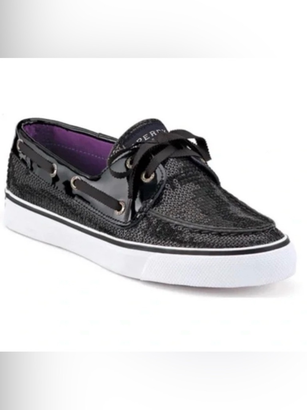 Sperry Black Sequin Angelfish Boat Shoes with Purple Insole, Sz 9M, Like New